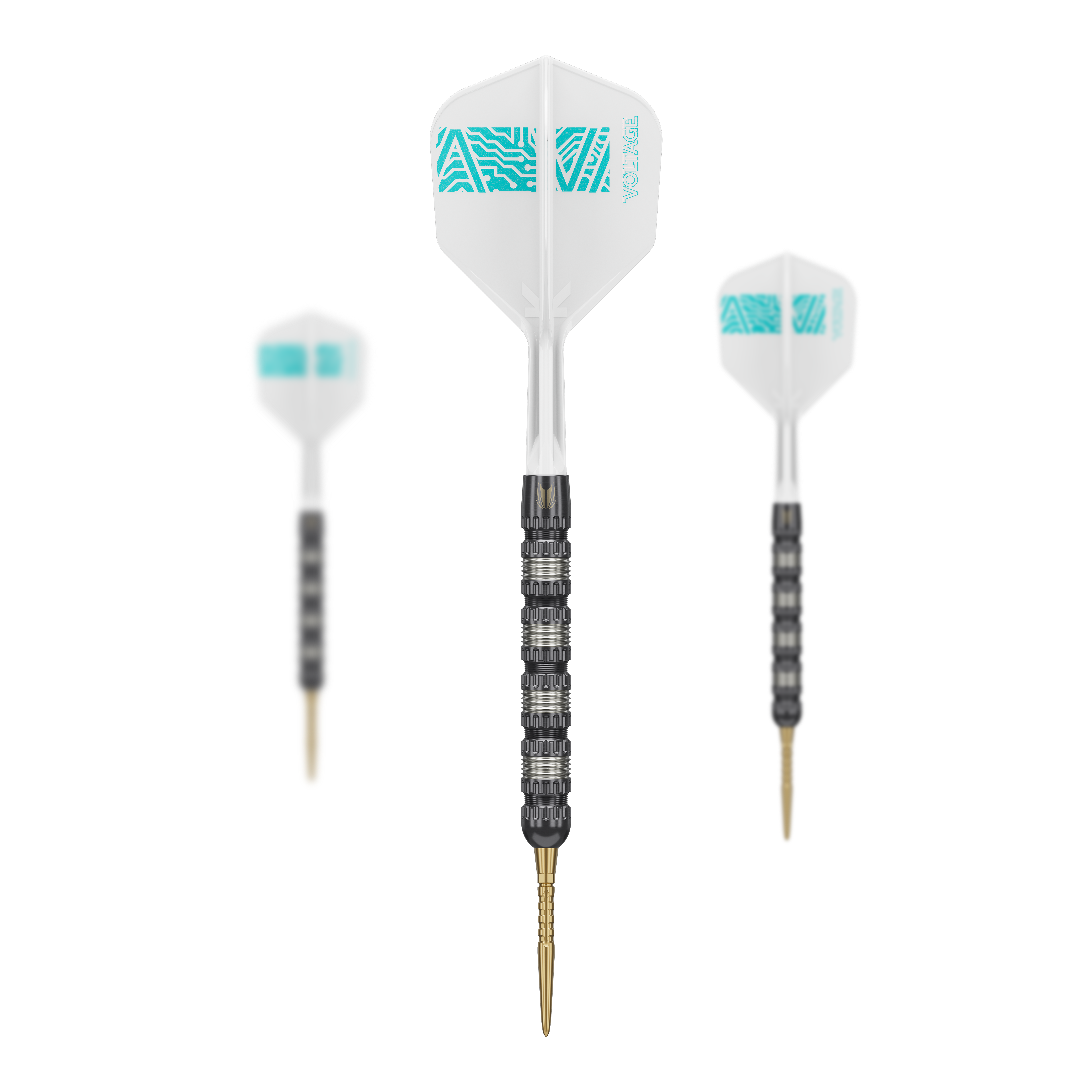 Das Bild zeigt drei Target Rob Cross 95K Swiss Point Steeldarts. Die Darts haben schwarze Griffe, goldene Spitzen und weiße Flights mit türkisfarbenem Muster.